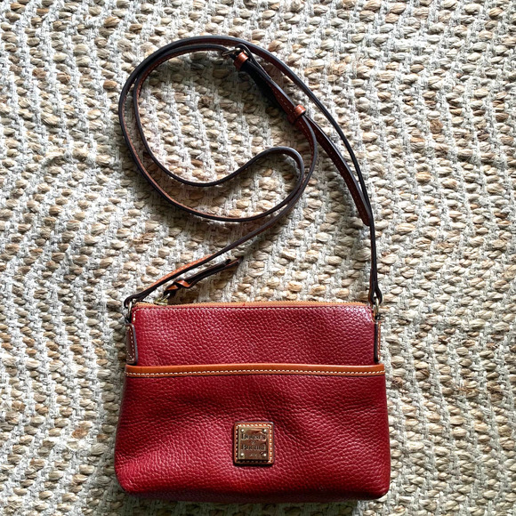 Dooney Bourke Small Crossbody Purse- Red Leather, Brown Trim and strap - Boho - Picture 1 of 6